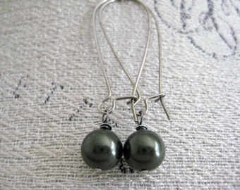 Swarovski Green Pearl Earrings-Sterling Silver Kidney Wires, Swarovski Crystal Pearl Earrings, Green Pearl Earrings, Bridal Pearl Earrings