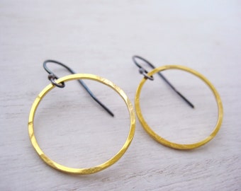 Gold Ring Earrings- Gold Hoop Earrings, Oxidized Silver Hoop Earrings, Everyday Earrings, Round Link Earrings, Hammered Gold Ring Earrings