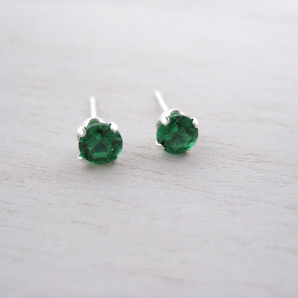 Emerald CZ Post Earrings- Cubic Zirconia Studs, Dainty Stud Earrings, Silver CZ Studs, Green CZ Post Earrings, Emerald Cubic Zirconia Studs