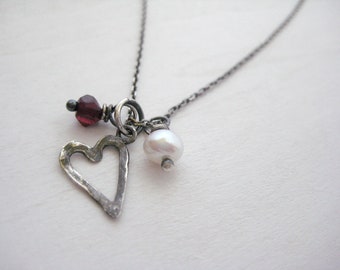 Silver Heart Charm Necklace- Garnet Charm Necklace, Freshwater Pearl Charm Necklace, Oxidized Silver Necklace, Rustic Heart Charm Necklace