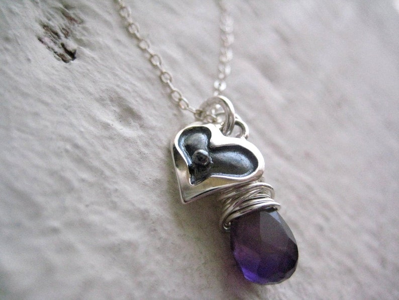 Silver Heart Charm Necklace Sterling Silver Heart Necklace, Wire Wrapped Amethyst Necklace, Heart Jewelry, Delicate Heart Charm Necklace image 3