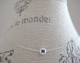 Custom White Letter Bead Necklace- Name Bead Necklace, Silver Chain Bead Necklace, Initial Bead Necklace, Everyday Necklace, Letter Necklace