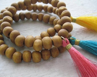 SALE…Wood Bead Tassel Bracelet-Sandalwood Bead Tassel Bracelet, Stretch Cord Bead Bracelet, Stacking Bracelet, Tassel Boho Bead Bracelet