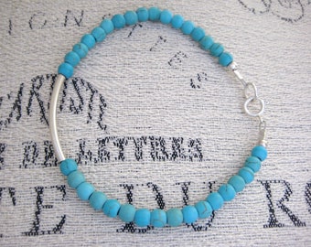 Silver Tube Turquoise Bead Bracelet-Turquoise Bead Bracelet, Silver Tube Bracelet, Silver Bar Bead Bracelet, Stacking Bead Bracelet