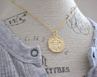 Gold Cross Coin Necklace- Gold Medallion Necklace, Coin Pendant Necklace, Gold Coin Necklace, Rustic Coin Necklace, Layering Gold Necklace