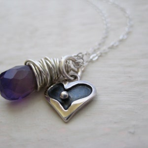 Silver Heart Charm Necklace Sterling Silver Heart Necklace, Wire Wrapped Amethyst Necklace, Heart Jewelry, Delicate Heart Charm Necklace image 1