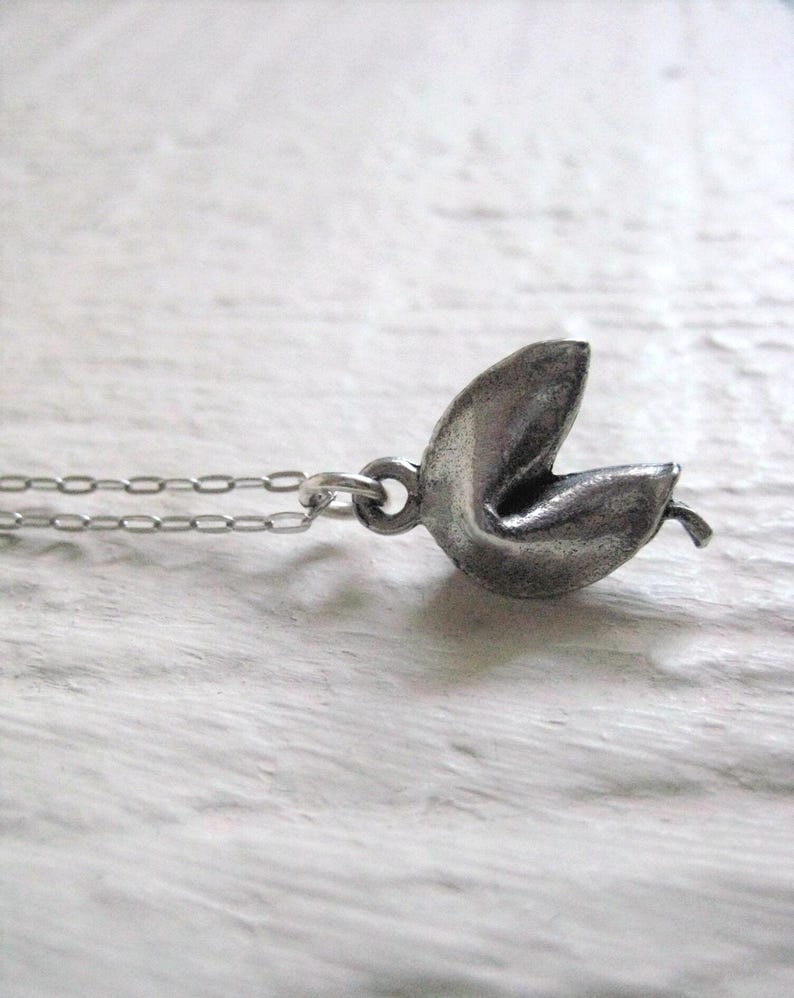 May include: A silver-colored fortune cookie pendant on a delicate chain. The pendant is detailed with a realistic texture, and the chain is a simple link style. The necklace is displayed against a light-colored, textured background.