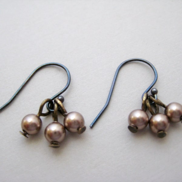 Bronze Pearl Earrings- Bronze Swarovski Pearl Earrings, Crystal Pearl Earrings- Oxidized Silver Pearl Earrings, Mixed Metal Pearl Earrings