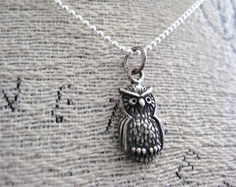 Owl Charm Necklace- Silver Owl Charm Necklace, Owl Pendant, Nature Jewelry, Owl Charm Necklace, Sterling Silver Owl Necklace, Bird Charm