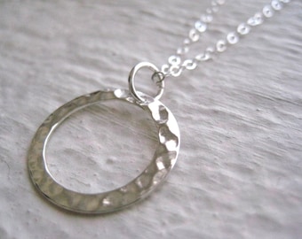 Silver Ring Necklace- Hammered Ring Necklace, Sterling Silver Ring Pendant, Hammered Link Necklace, Hammered Circle Charm, Everyday Necklace