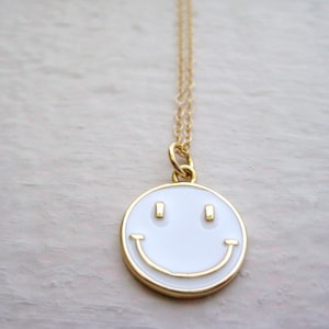 Smiley Face Charm Necklace-Happy Face Necklace, White Enamel Happy Face Necklace, Happy Face Charm Necklace, White Smiley Face Necklace