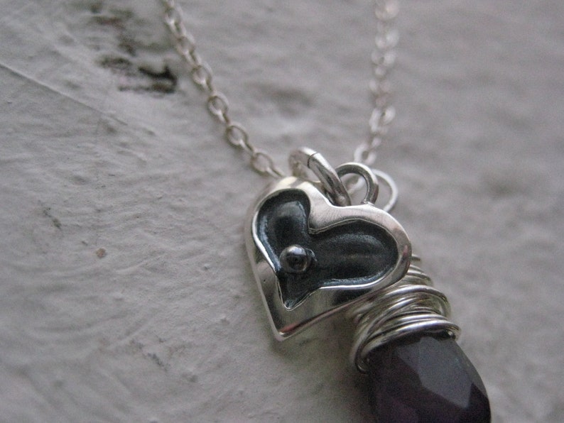 Silver Heart Charm Necklace Sterling Silver Heart Necklace, Wire Wrapped Amethyst Necklace, Heart Jewelry, Delicate Heart Charm Necklace image 6