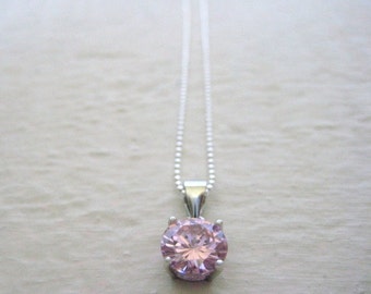 Pink CZ Pendant Necklace-Sterling Silver CZ Necklace, Pink CZ Charm Necklace, Pink Cubic Zirconia Necklace, Bridal Necklace, Dainty Necklace