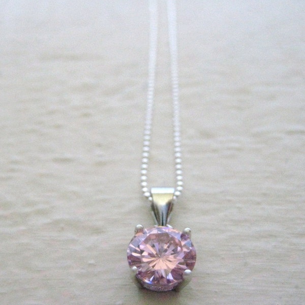 Pink CZ Pendant Necklace-Sterling Silver CZ Necklace, Pink CZ Charm Necklace, Pink Cubic Zirconia Necklace, Bridal Necklace, Dainty Necklace