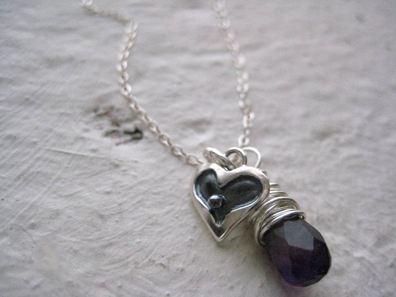 Silver Heart Charm Necklace Sterling Silver Heart Necklace, Wire Wrapped Amethyst Necklace, Heart Jewelry, Delicate Heart Charm Necklace image 4