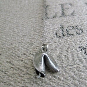 May include: A silver-colored fortune cookie pendant necklace. The pendant is a detailed miniature of a fortune cookie, suspended from a delicate chain. The necklace is displayed against a textured, neutral-toned background.