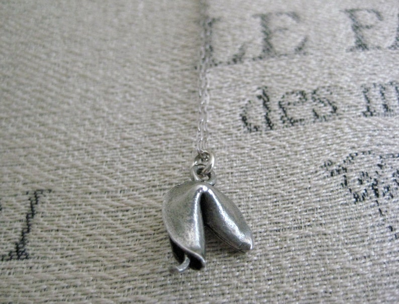 May include: A silver-colored fortune cookie pendant necklace. The pendant is a detailed miniature of a fortune cookie, suspended from a delicate chain. The necklace is displayed against a textured, neutral-toned background.