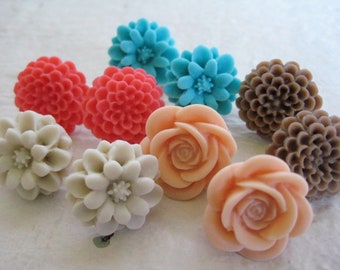 Flower Post Earrings-Gold Stud Earrings, Resin Flower Earrings, Taupe Flower Earrings, Turquoise Flower Stud Earrings, Coral Flower Earrings