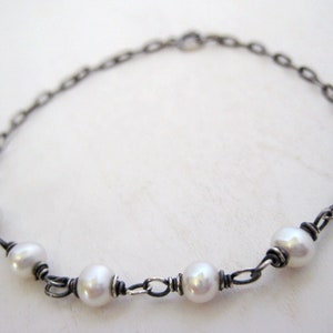 Pearl Chain Bracelet- Sterling Silver Bracelet, Everyday Jewelry, Oxidized Silver Bracelet, Blackened Silver Chain Bracelet,  Pearl Bracelet