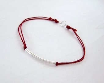 Silver Bead Silk Bracelet- Red Silk Cord Bracelet, Silver Tube Bracelet, Layering Bracelet, Silver Bar Bracelet, Red Cord Bead Bracelet
