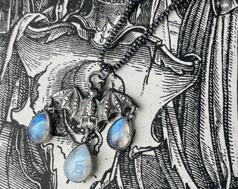 Loved To Death Bat Moonstone Drops Art Nouveau Sterling Necklace Gothic Victorian