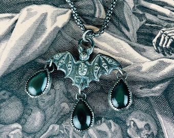 Loved To Death Bat Rainbow Obsidian Drops Art Nouveau Sterling Necklace Gothic Victorian