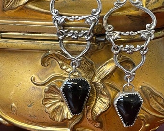 Loved To Death Onyx Black Coffin Filigree Dangle Sterling Gothic Victorian Earrings