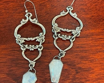 Loved To Death Coffin Moonstone Filigree Dangle Sterling Gothic Victorian Earrings