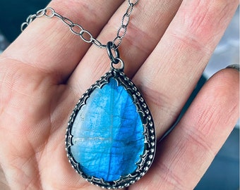 Loved To Death Gothic Victorian Spider Web Blue Labradorite Necklace Sterling