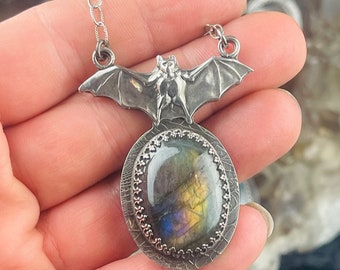 Loved To Death Flying Bat Purple Labradorite Art Nouveau Sterling Necklace Gothic Victorian