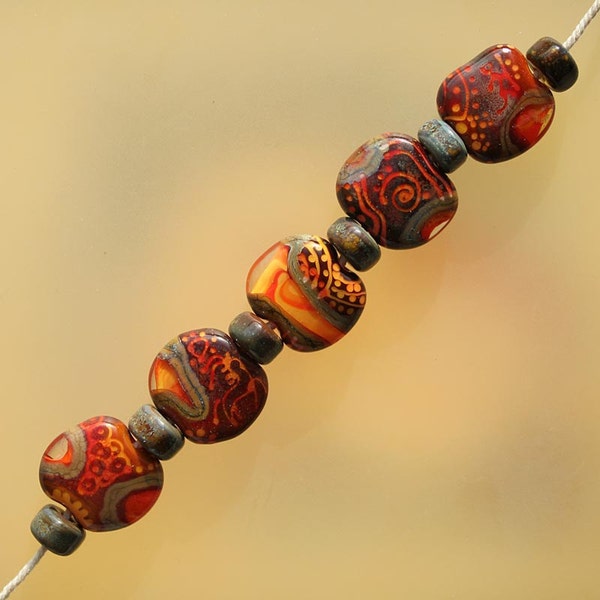 Orange Petroglyphs - Handmade Lampwork Glass Beads Set (SRA)