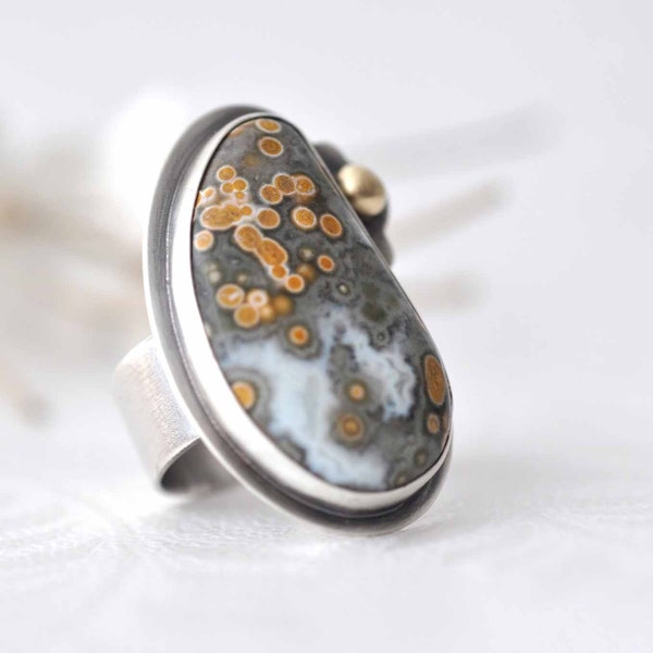 Ring - Ocean Jasper - sterling silver - 14 kt gold  - size 6 - ooak