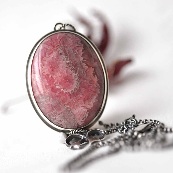 Sterling silver Pendant Necklace - Rhodochrosite cabochon - Ribbon - ooak