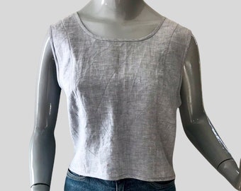 Sister Top - Smoke Linen, panel lines, binding on edges, side zipper closure, front scoop neck, back v-neck, size 14