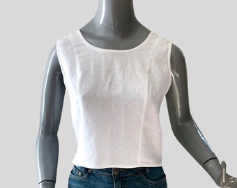 Sister Top - White Linen, panel lines, binding on edges, side zipper closure, front scoop neck, back v-neck, size 10