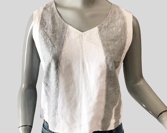 Sister Patchwork Top - White and Smoke Linen, bust darts, lined and reversible, front v-neck, back round neck, size 14