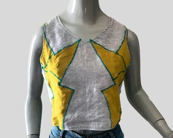 Sister Patchwork Top - Chartreuse and Smoke Linen, bust darts, binding on edges, side zipper closure, front scoop neck, back v-neck, size 8