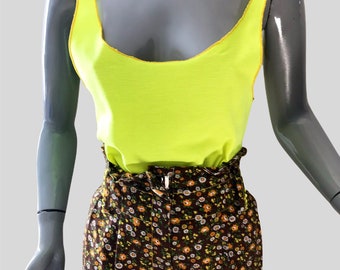 Calanthe Singlet - Fluoro Yellow Pique Stretch Fabric, low scoop neckline cut away armholes, high hip length, size 12