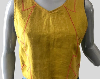 Sister Patchwork Top - Chartreuse Linen, bust darts, lined and reversible, front v-neck, back round neck, size 10