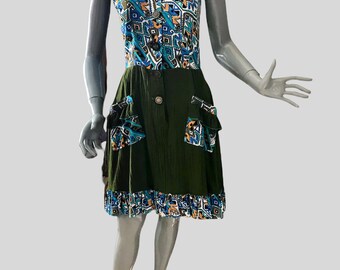 Poppy Dress - Blue, orange, khaki geo print and khaki crushed cotton, wide straps, button front closure, a-line skirt, pockets, frill hem