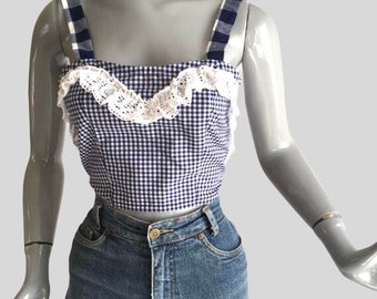 Sweetie Gingham Bustier - Tissu coton/poly bleu marine et blanc, bordure en dentelle, dos à lacets, réglable pour s'adapter à de nombreuses mesures corporelles différentes