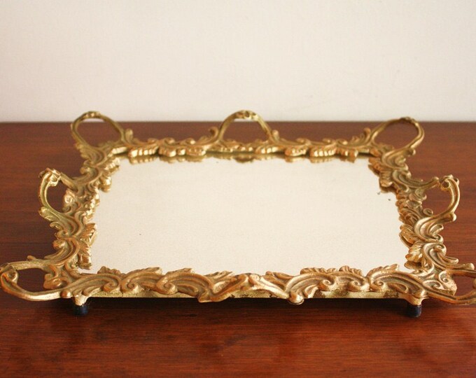 Vintage Mirror Vanity Tray With Gold Frame Etsy