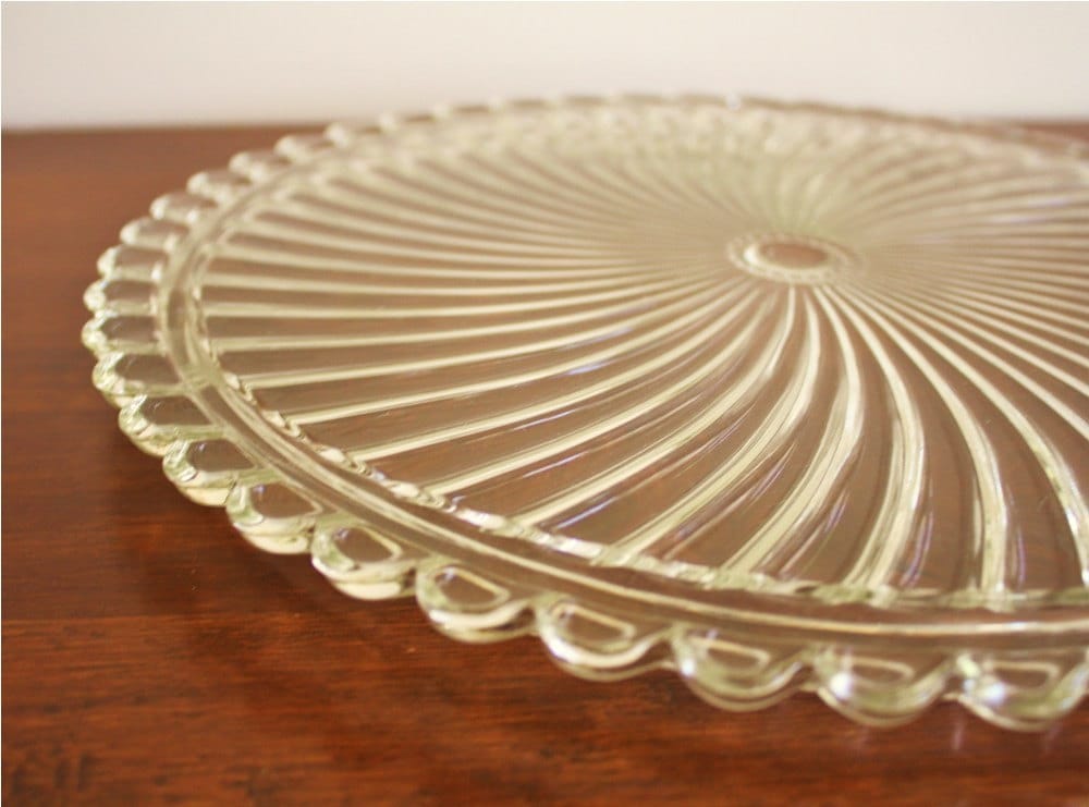 Large vintage clear glass cake platter swirl pattern Etsy