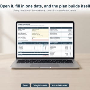 May include: A laptop displaying an Estate Dashboard spreadsheet with columns for estate profile, position, progress, and assets. The screen text reads: Open it, fill in one date, and the plan builds itself. Every deadline in the workbook counts from the date of death.