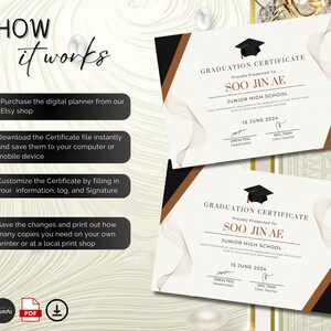 May include: A printable graduation certificate template with a black and gold design. The certificate features a black graduation cap icon, the text "Graduation Certificate", and the date "15 June 2024".