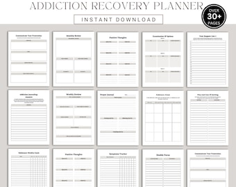 May include: A printable addiction recovery planner with over 30 pages. The planner includes worksheets for journaling, tracking symptoms, and setting goals. The pages are designed with a simple, modern aesthetic.