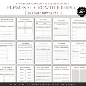 May include: A printable personal growth journal with over 20 pages. The journal includes sections for goal setting, review, meditation, daily planning, and self-care. The pages are designed with a minimalist aesthetic and feature a light brown background.