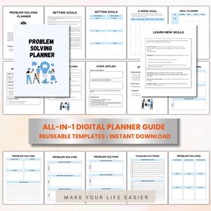 May include: A digital planner guide with reusable templates for problem solving, setting goals, meal planning, learning new skills, and thanking patterns. The guide features a colorful design with illustrations of people and light bulbs. The text "ALL-IN-1 DIGITAL PLANNER GUIDE" and "REUSEABLE TEMPLATES | INSTANT DOWNLOAD" is displayed in orange and white.