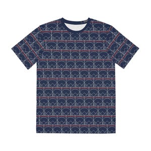 May include: A short-sleeve crew neck t-shirt in dark navy blue featuring an all-over repeating geometric pattern of white baseball field diagrams. The design includes thin white lines forming diamond shapes and red horizontal accent stripes.