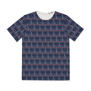 T-shirt imprimé intégral avec motif de tableau de score de baseball, couleur de col personnalisable, motif géométrique (100 % polyester)